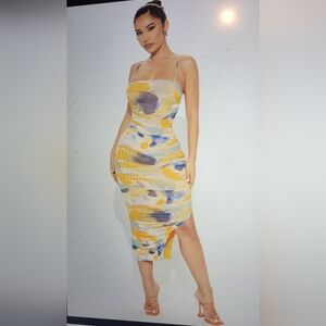 Fashion Nova Golden yellow, cream and periwinkle blue Mesh Bodycon Dress Sz XL